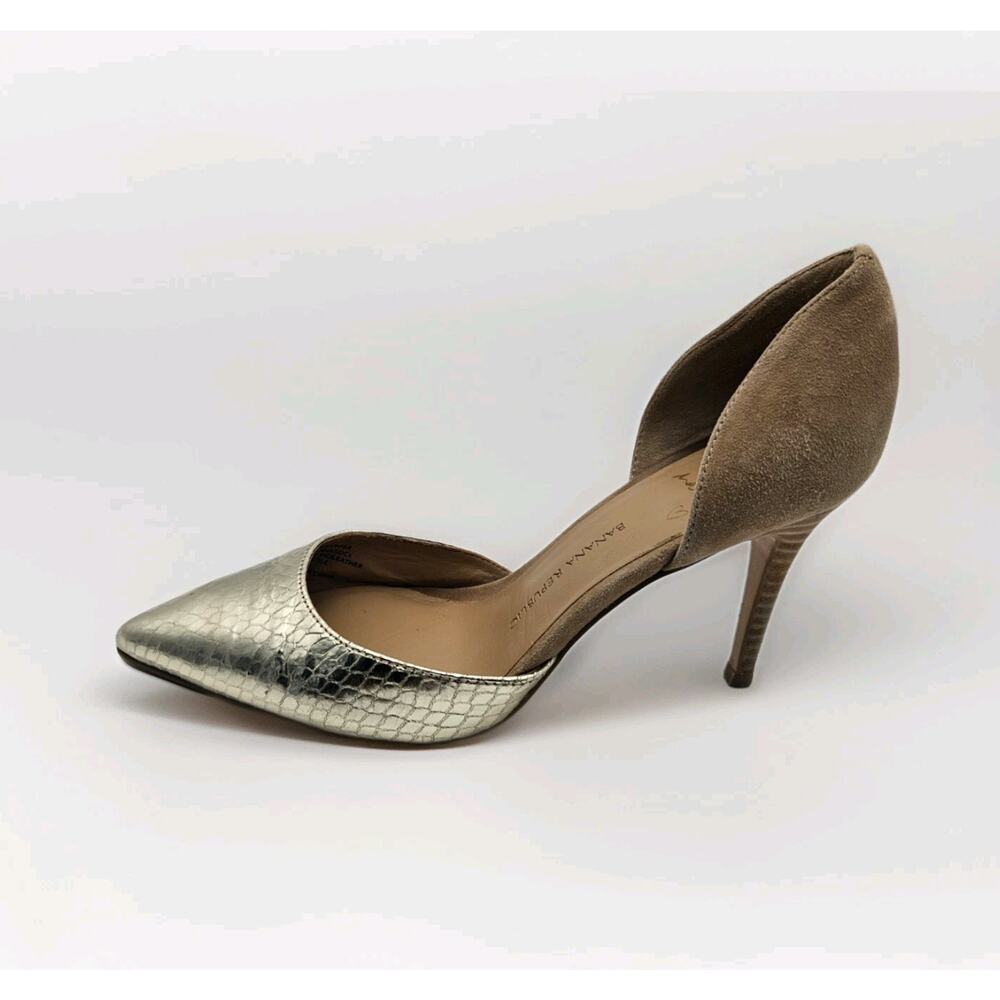 Banana Republic Gold Metallic Snakeskin Heels Tan Leather Pointed Toe 7.5M
